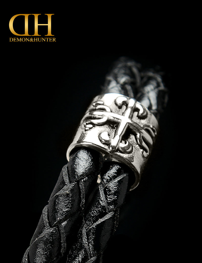 Demon&Hunter Men's Leather Braided Stainless Steel Bracelet